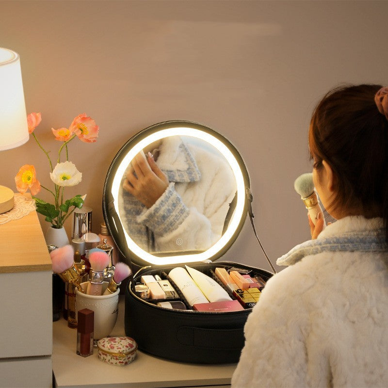 Round Smart LED Makeup Bag With Mirror Lights Women Beauty Bag Large Capacity PU Leather Travel Organizers Cosmetic Case - Nyaabs