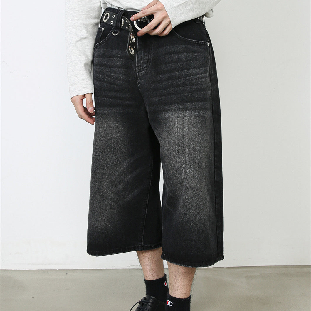 American Black Gray Loose Trousers Loose Denim Cropped Pants - Nyaabs