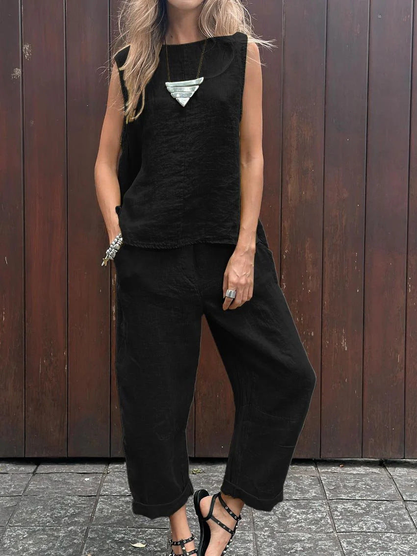 Cotton And Linen Fashion Casual Loose Two-piece Suit Sleeveless Top Loose Trousers Women's Suit nyaabs.com