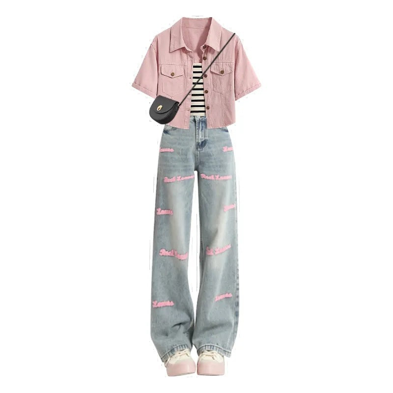 Color Denim Jacket Inner Suspender With Jeans Three-piece Set - Nyaabs