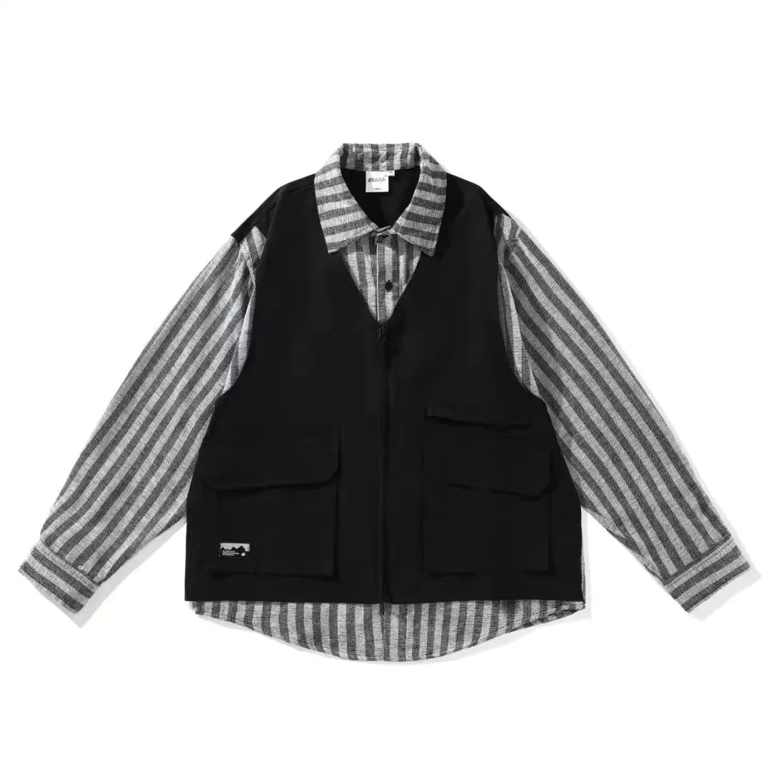 Japanese-style Retro Striped Fake Two Pieces Vest Workwear Shirt Plus Overalls Suit Men's Casual Simple - Nyaabs