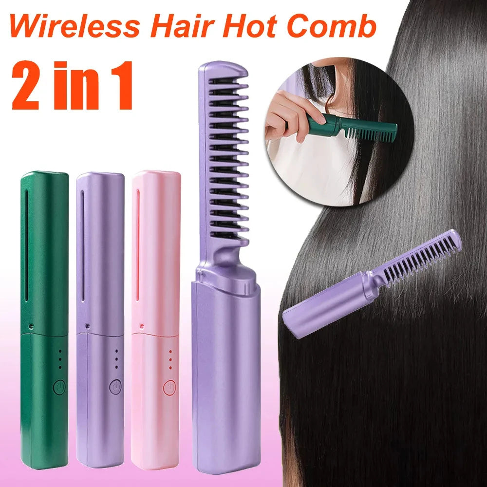 Professional Wireless Hair Straightener Curler Comb Fast Heating Negative Ion Straightening Curling Brush Hair Styling Tools - Nyaabs