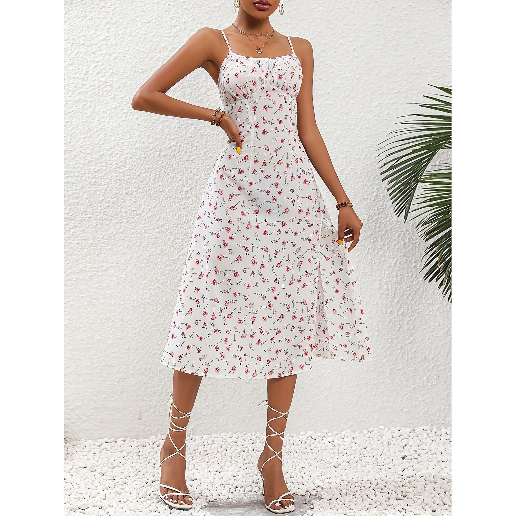 New Polka Dot Print Suspender Dress Summer Sexy Slit Long Dresses For Womens Clothing - Nyaabs