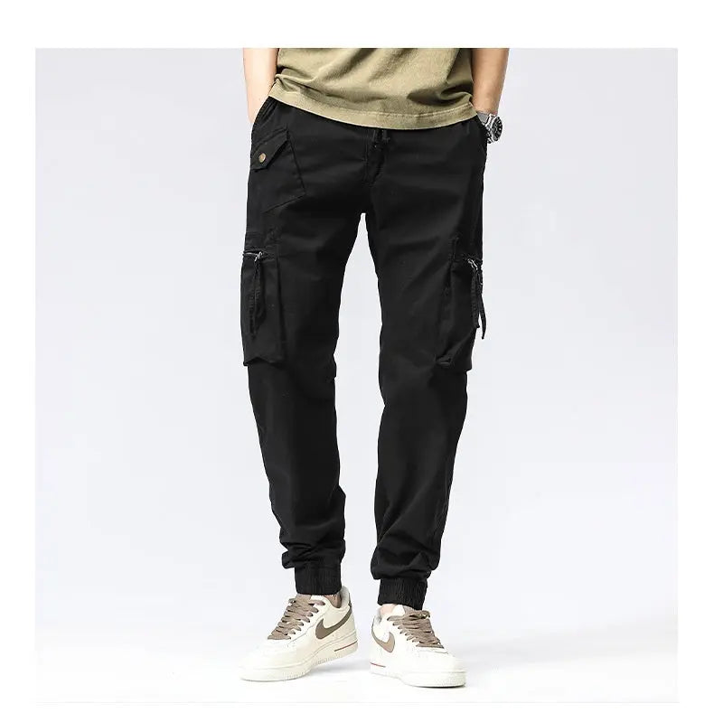 Casual Pants Trendy Brand Elastic Waist Men's Youth Simple Pure Cotton Multi-pocket Work Pants Trousers Ankle-tied - Nyaabs