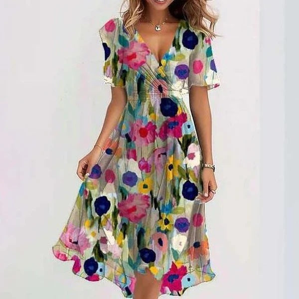 Chiffon Printed Short Sleeve Dress Summer Elegant V-neck Dresses Womens Clothing - Nyaabs