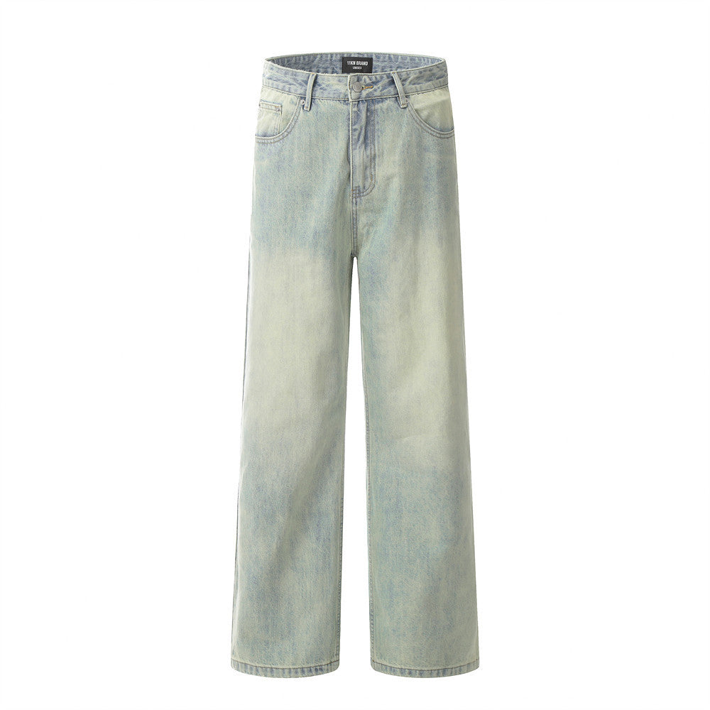 Punk Distressed Yellow Mud Dyed Straight Jeans Men - Nyaabs