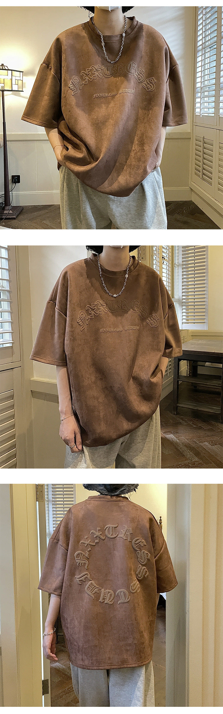 American Style Puff Print Suede Short Sleeve Retro Brown Heavy T-shirt - Nyaabs