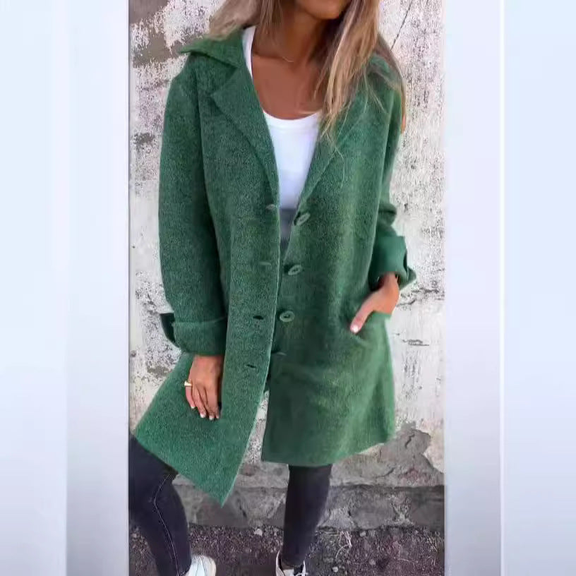 Lapel Single Breasted Cardigan With Pockets Fashion Color Solid Mid-Length Outwear Coat Womens Clothing - Nyaabs