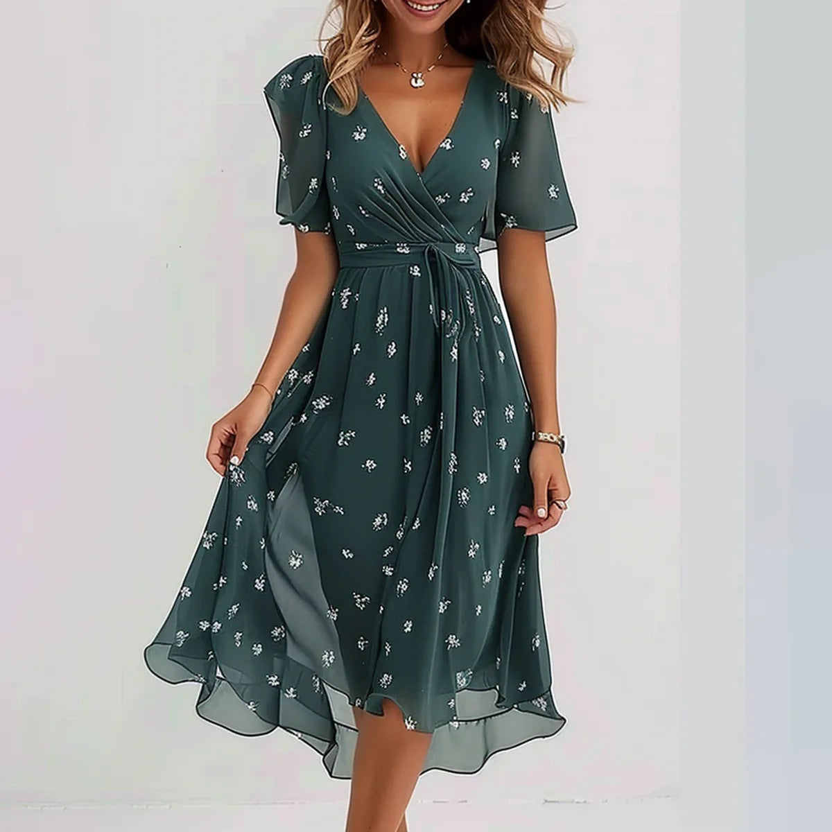 Chiffon Printed Short Sleeve Dress Summer Elegant V-neck Dresses Womens Clothing - Nyaabs