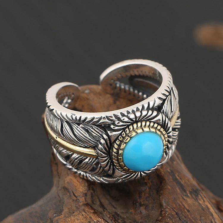 Personality Fashion Turquoise Feather Ring Men Exaggerated - Nyaabs