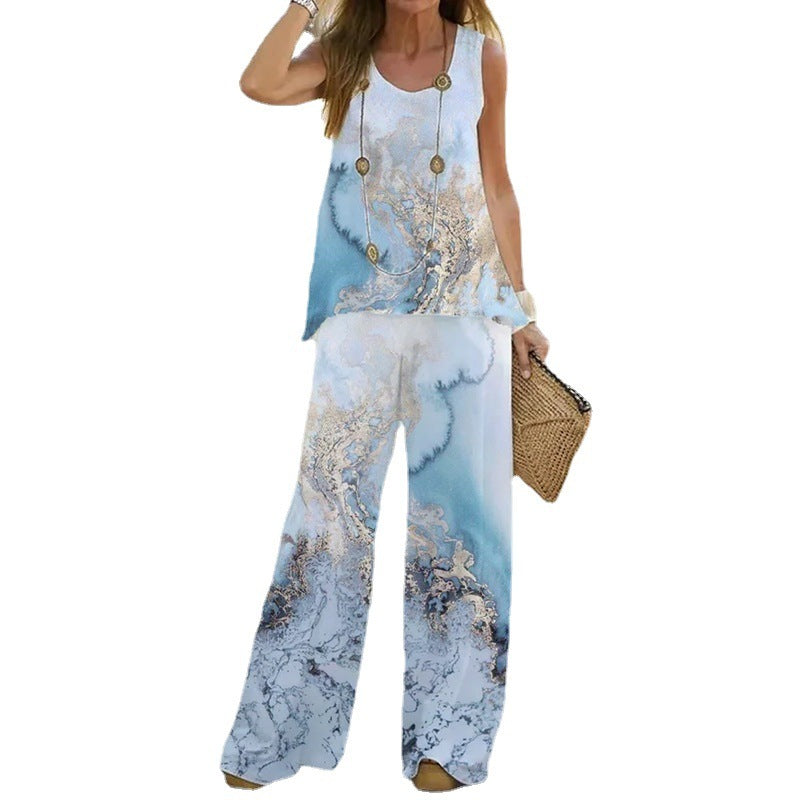 Women's Fashion Printed Casual Vest Trousers Two-piece Suit - Nyaabs