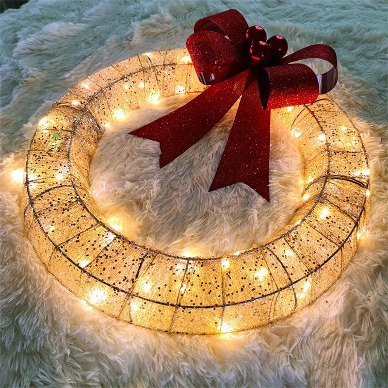 Christmas Garland 50CM Luminous LED Warm Light Metal Luminous Wreath With Big Bowknot Christmas Front Door Home Holiday Party Door Hanging Decor - Nyaabs