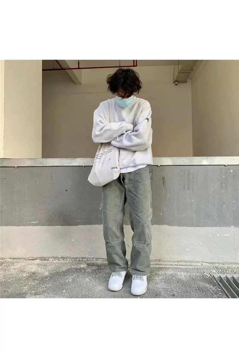 Washed Old Double Knee Canvas Overalls Cutting Pants - Nyaabs