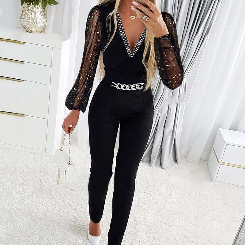 Women's V-neck Rhinestone Mesh Jumpsuit - Nyaabs