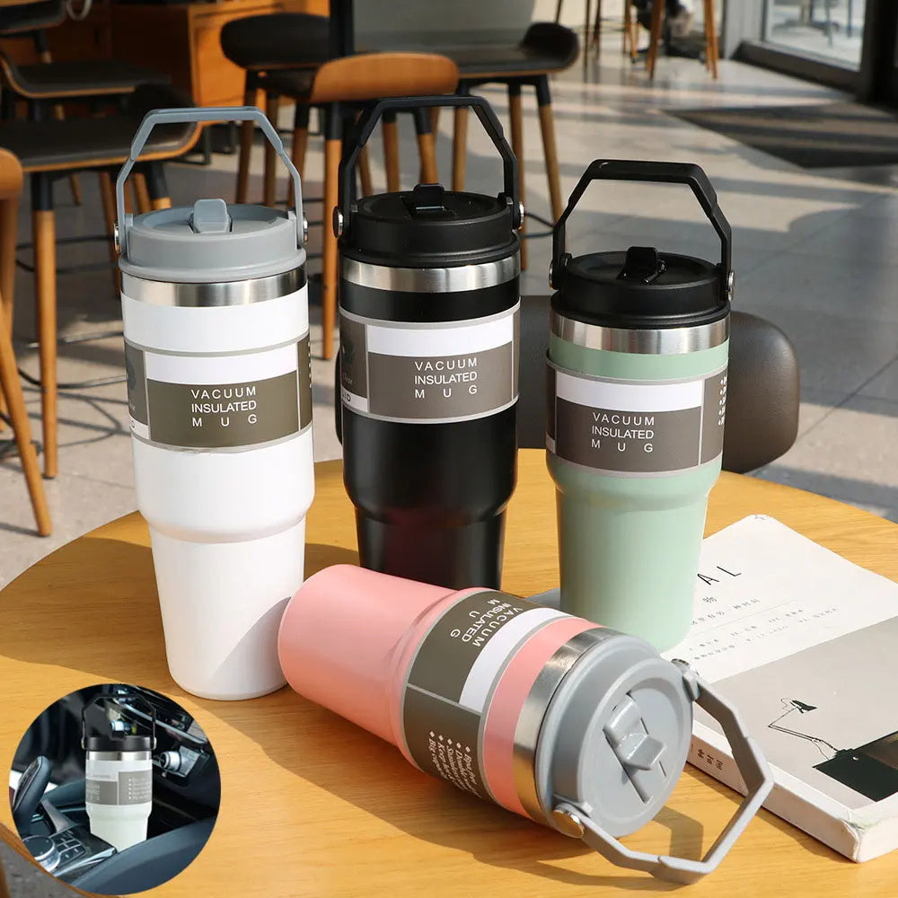 Portable Car Cup Stainless Steel Cup Travel Sports Water Bottle With Handle Cover Coffee Tumbler Cup - Nyaabs