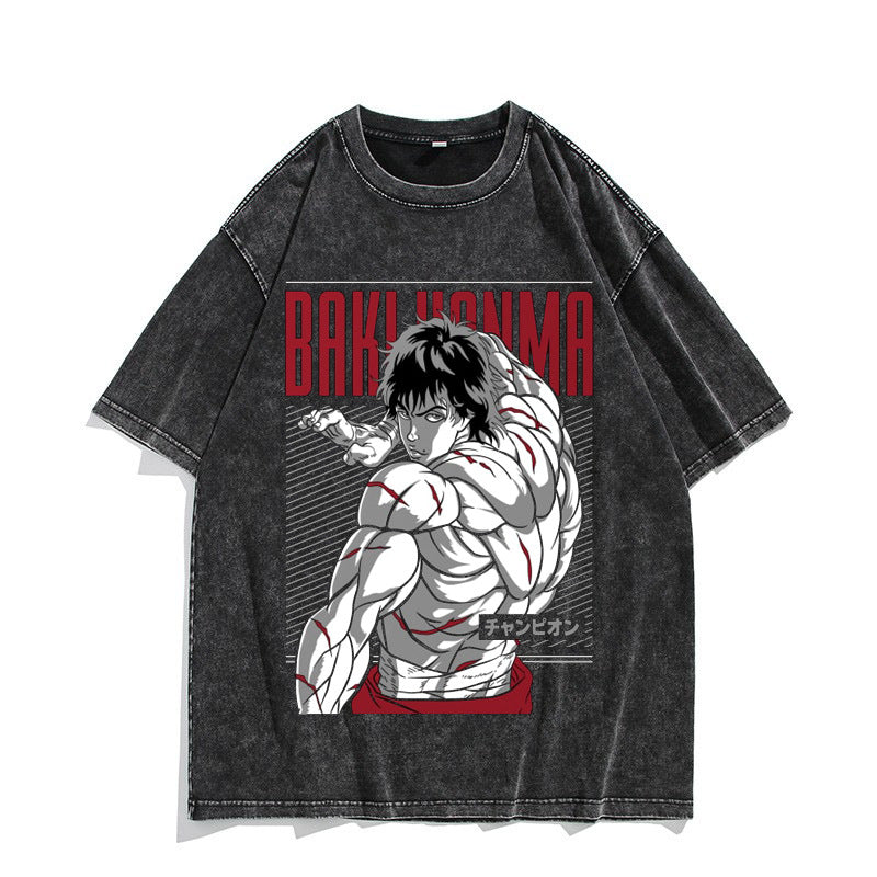 European and American washed distressed retro short-sleeved T-shirt anime Baki Hanma Baki Hanma American high street top - Nyaabs