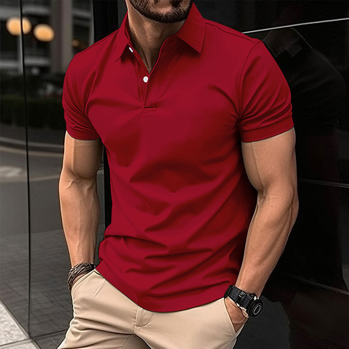 Summer Short Sleeve Polo Shirt Men Solid Color Button Lapel Button Top - Nyaabs