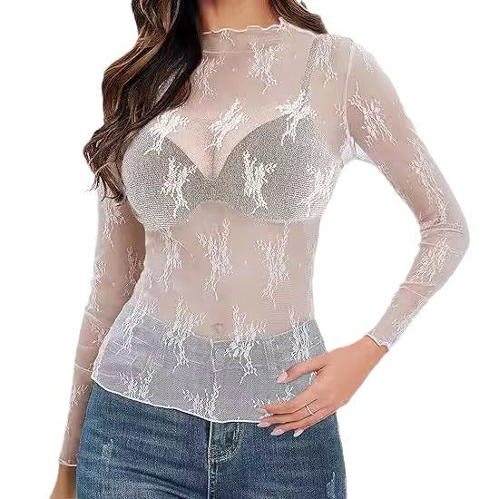 Women's Lace Blouse Long Sleeve Transparent Shirt - Nyaabs