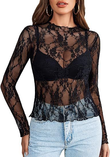 Women's Lace Blouse Long Sleeve Transparent Shirt - Nyaabs