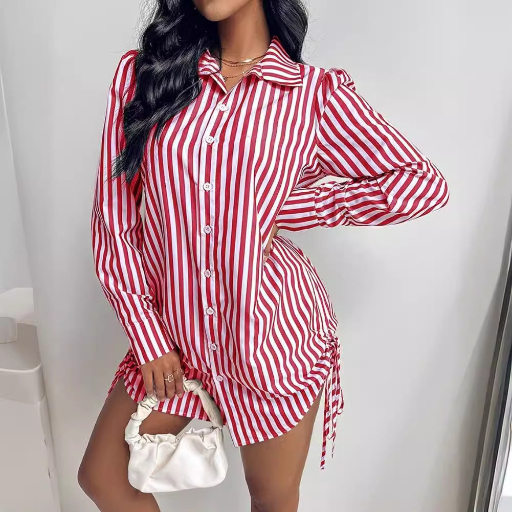 Women's Fashion Color Contrast Striped Long Sleeve Lapel Shirt Dress nyaabs.com