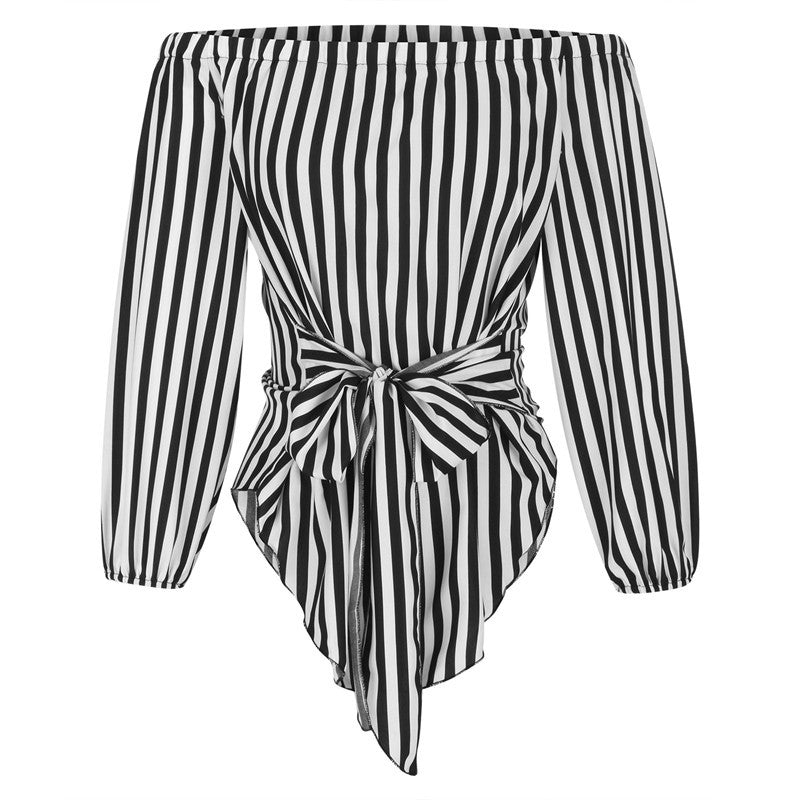 European And American Black And White Striped Sexy Fashion Off-shoulder Shirt nyaabs.com