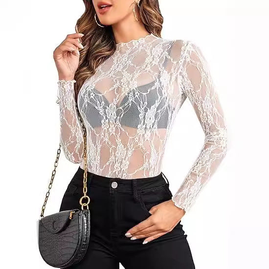 Women's Lace Blouse Long Sleeve Transparent Shirt - Nyaabs