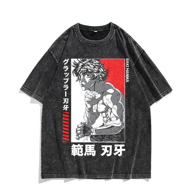 European and American washed distressed retro short-sleeved T-shirt anime Baki Hanma Baki Hanma American high street top - Nyaabs