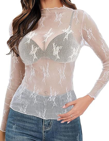 Women's Lace Blouse Long Sleeve Transparent Shirt - Nyaabs