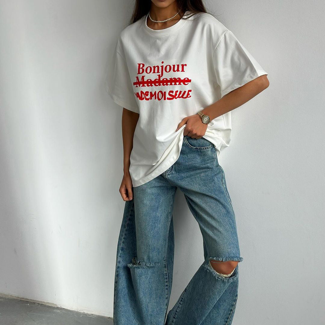 Women's Letter Print Contrast Color Loose T-shirt Pullover nyaabs.com