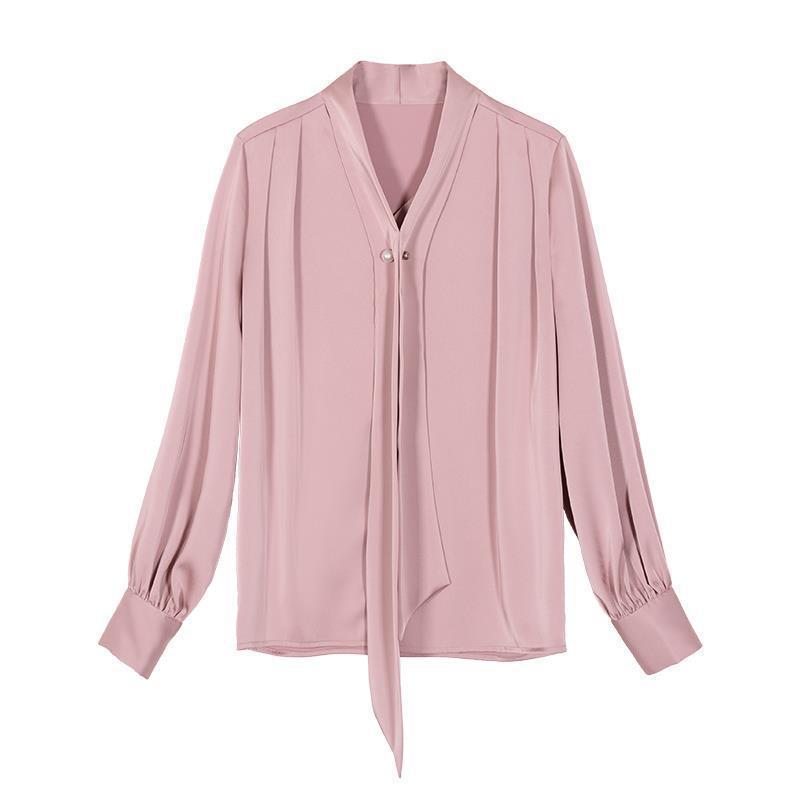 Satin Tie-neck Long Sleeve Shirt Simple All-match Tops nyaabs.com