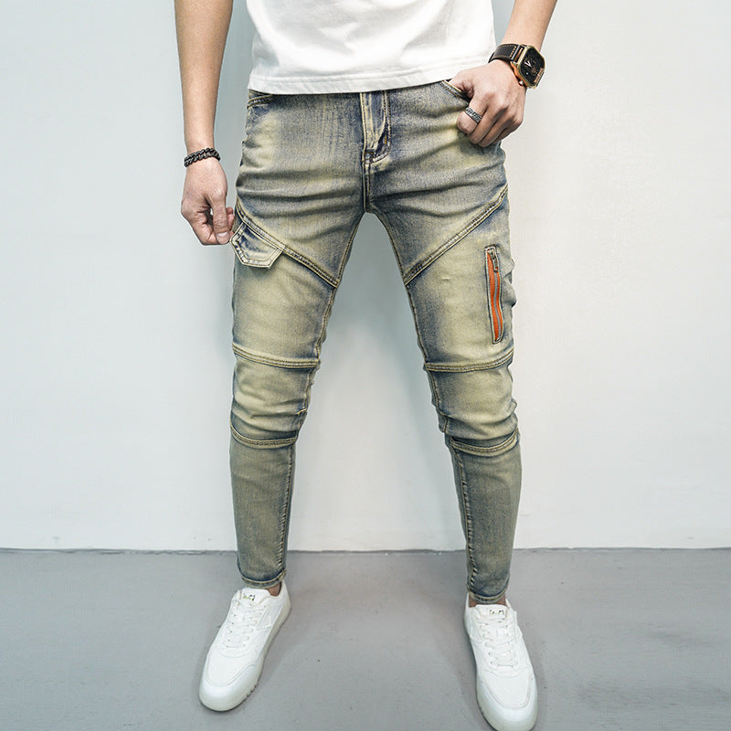 Spring And Summer All-matching Elastic Stitching Skinny Fashion And Handsome Zipper Decorations Men's Jeans - Nyaabs