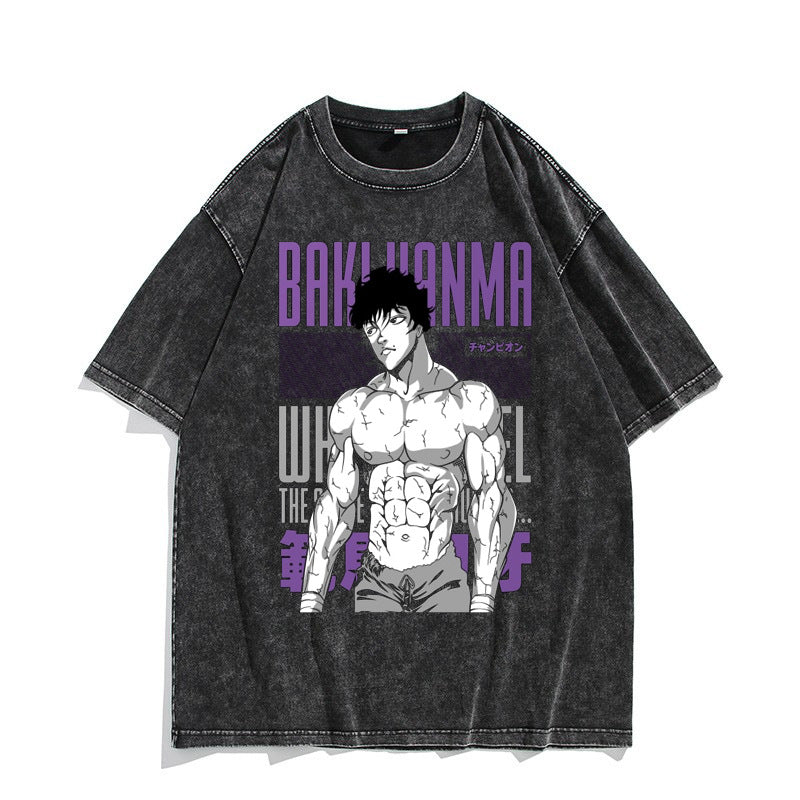 European and American washed distressed retro short-sleeved T-shirt anime Baki Hanma Baki Hanma American high street top - Nyaabs