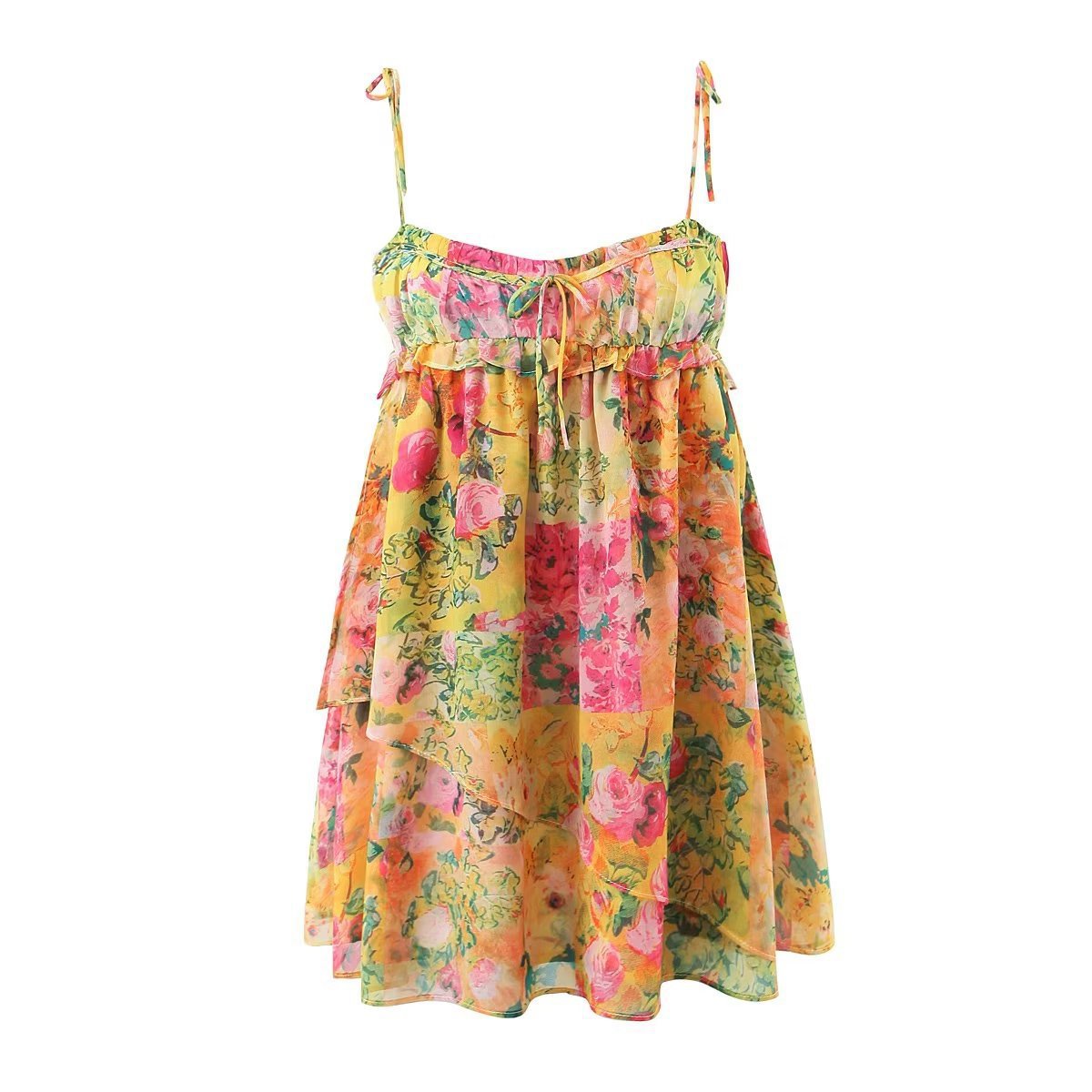 Y2K Flowers Print Suspender Dress Summer Fashion Ruffled Holiday Beach Short Dresses Womens Clothing - Nyaabs