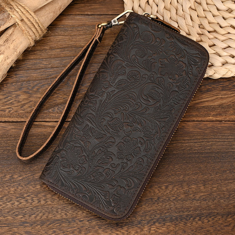 Men's Crazy Horse Leather Retro Embossing Fashion Long Wallet - Nyaabs