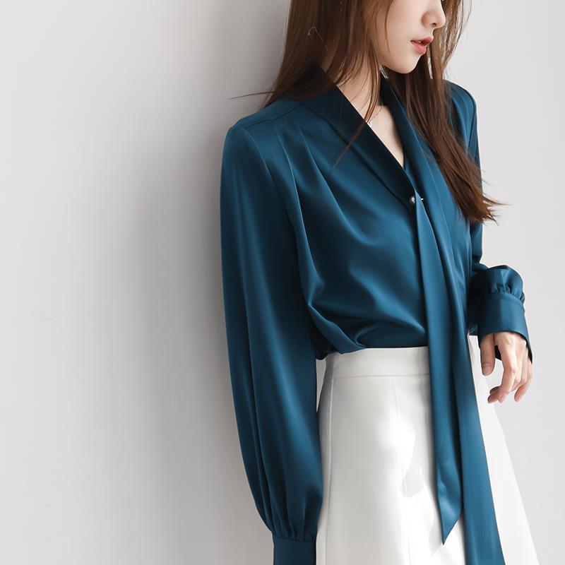 Satin Tie-neck Long Sleeve Shirt Simple All-match Tops nyaabs.com