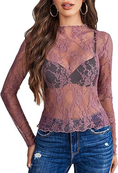 Women's Lace Blouse Long Sleeve Transparent Shirt - Nyaabs