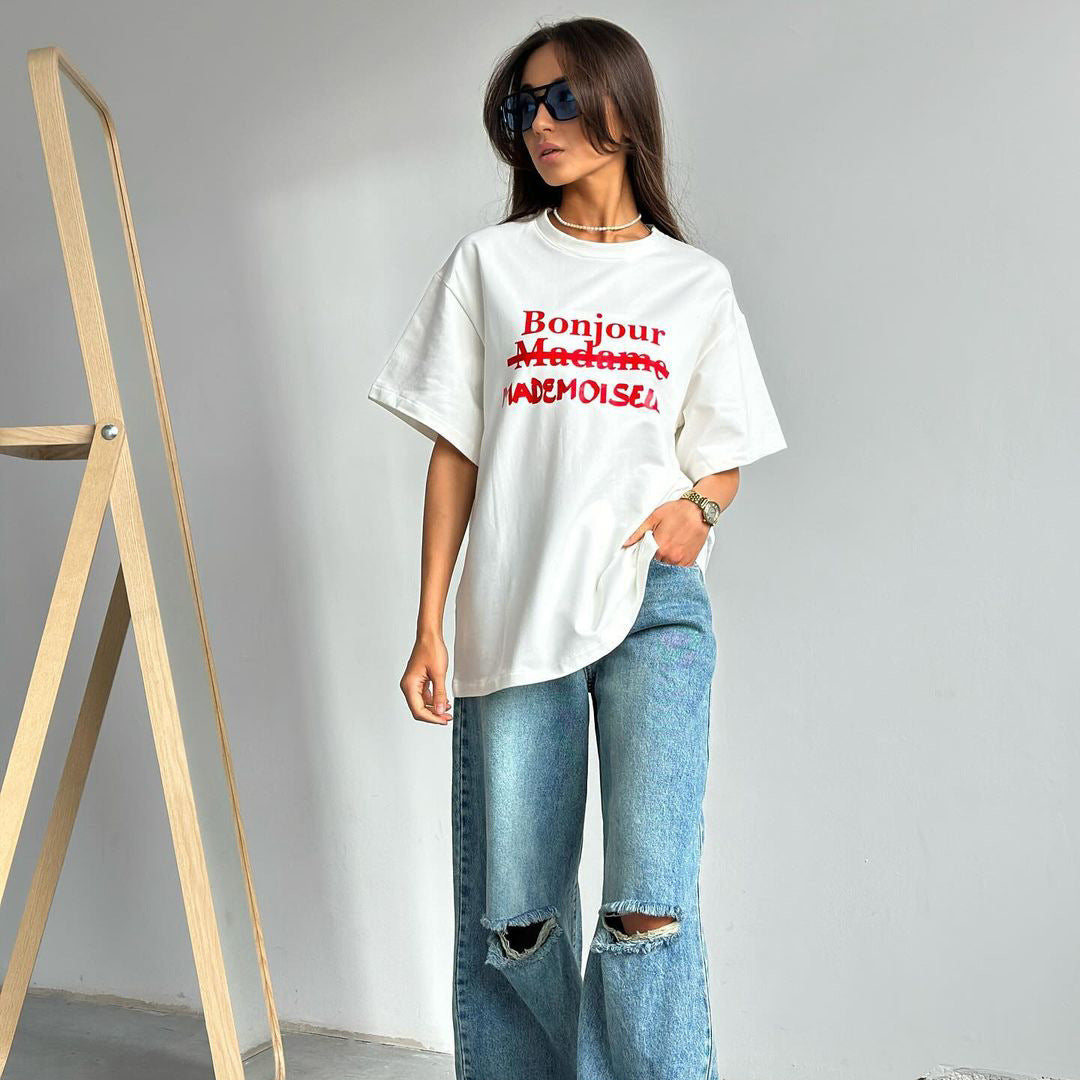 Women's Letter Print Contrast Color Loose T-shirt Pullover nyaabs.com