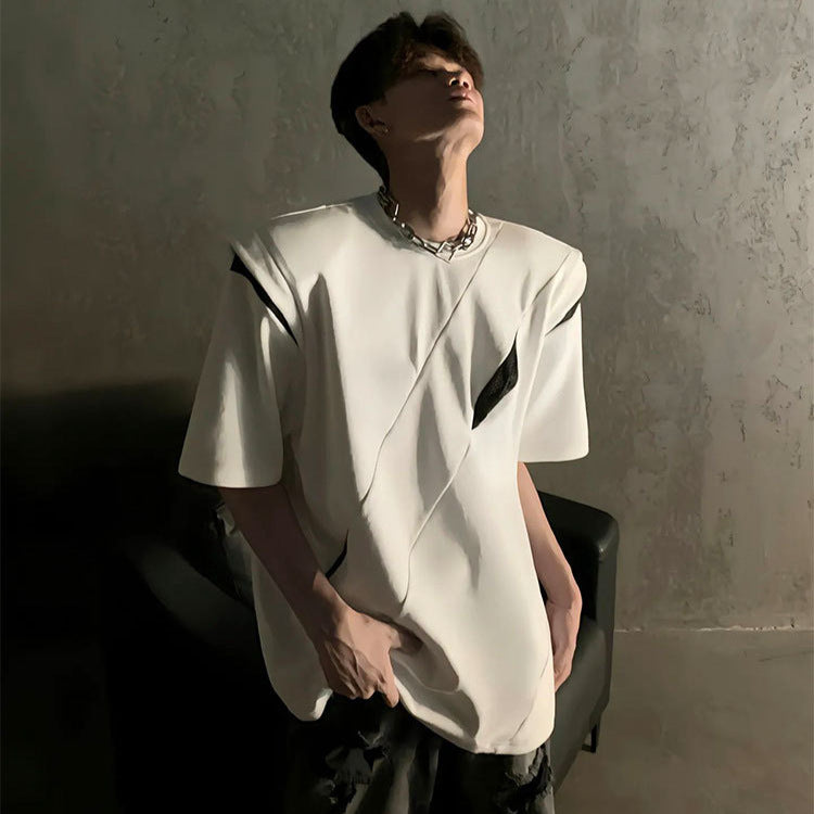 Design Sense Padded Shoulder T-shirt Men's Niche High Sense Split Deconstruction American Short Sleeve nyaabs.com