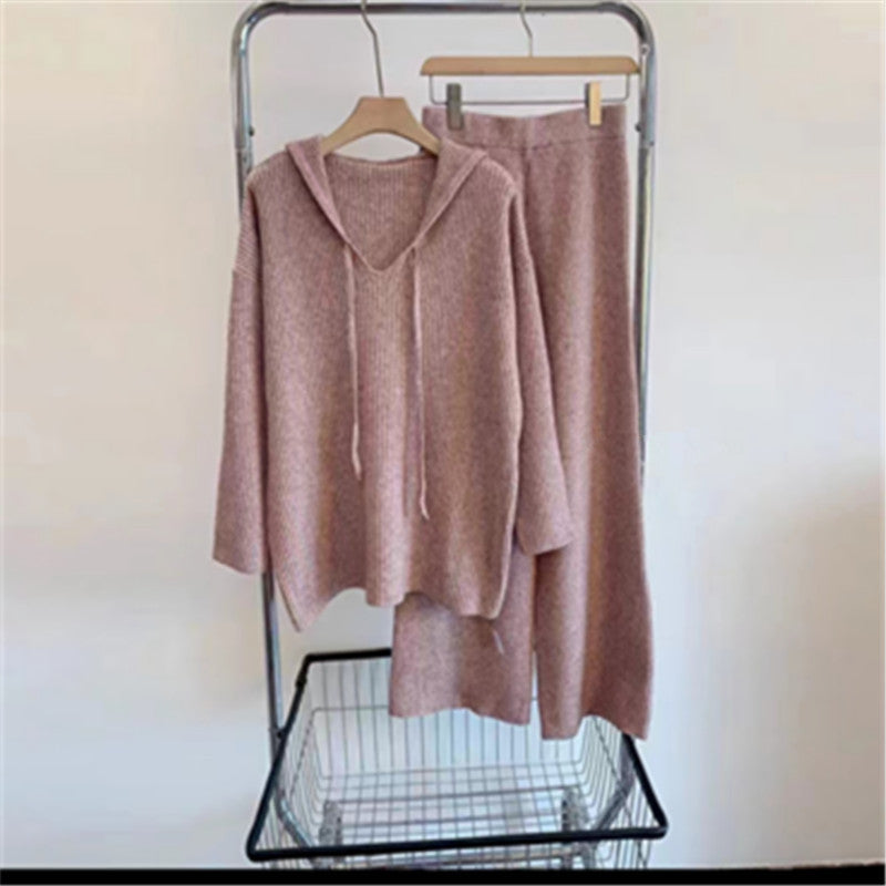 Fashionable Knitted Suit Fall Winter Hooded Loose Casual Sweater Wide Leg Pants Two-piece Set nyaabs.com