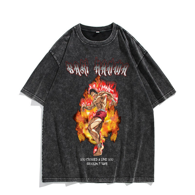 European and American washed distressed retro short-sleeved T-shirt anime Baki Hanma Baki Hanma American high street top - Nyaabs