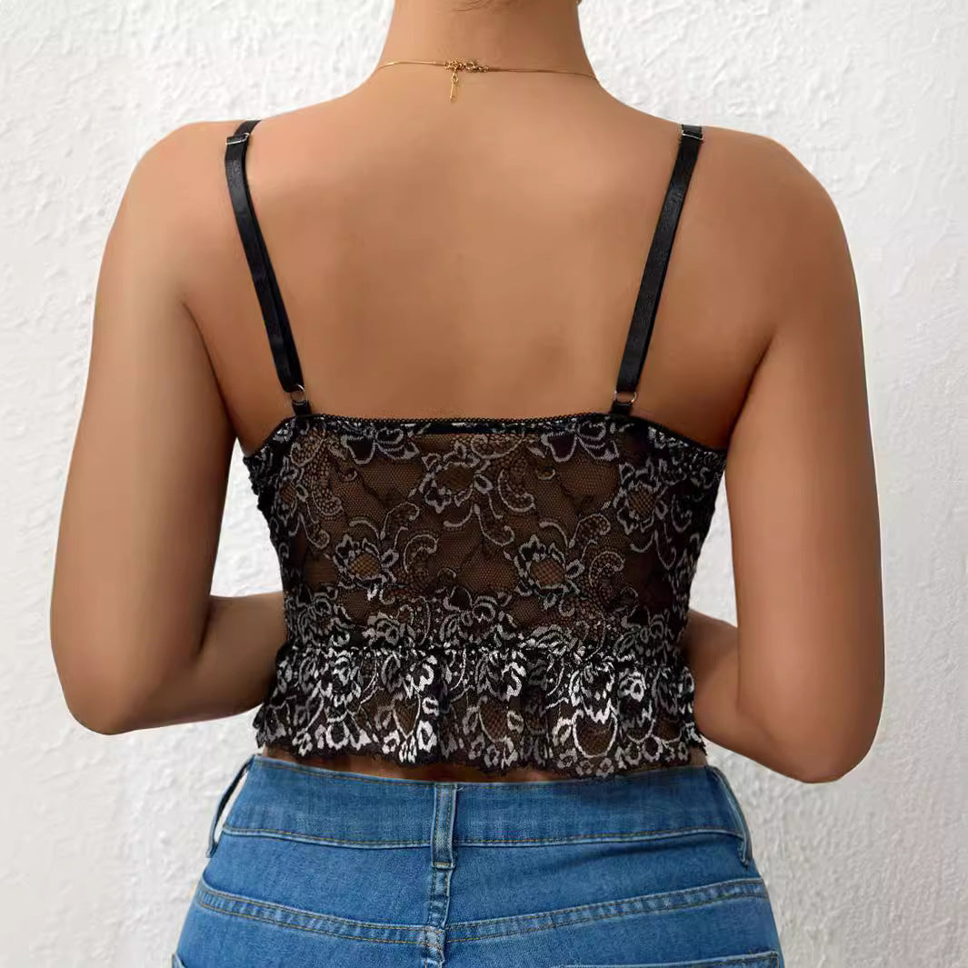 Color Matching Lace Pleated Hem Fishbone Women's Camisole nyaabs.com