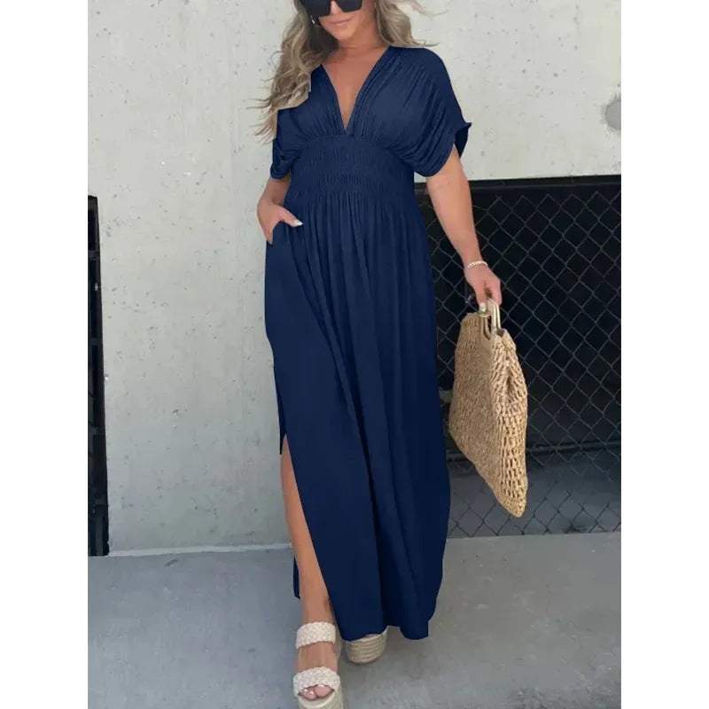 Fashion Bat-sleeved V-neck Slit Dress Summer Short Sleeve Elastic Waist Long Dresses Womens Clothing - Nyaabs