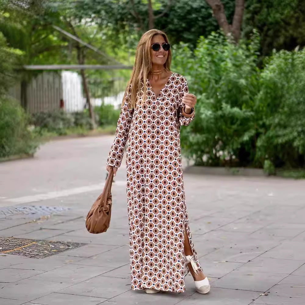 Summer Geometric Printed V-neck Long Dress Fashion Long Sleeve Slit Dresses For Women - Nyaabs