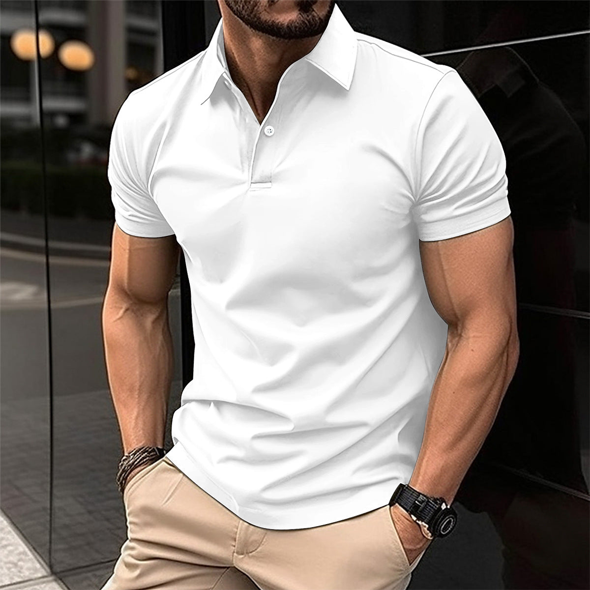 Summer Short Sleeve Polo Shirt Men Solid Color Button Lapel Button Top - Nyaabs