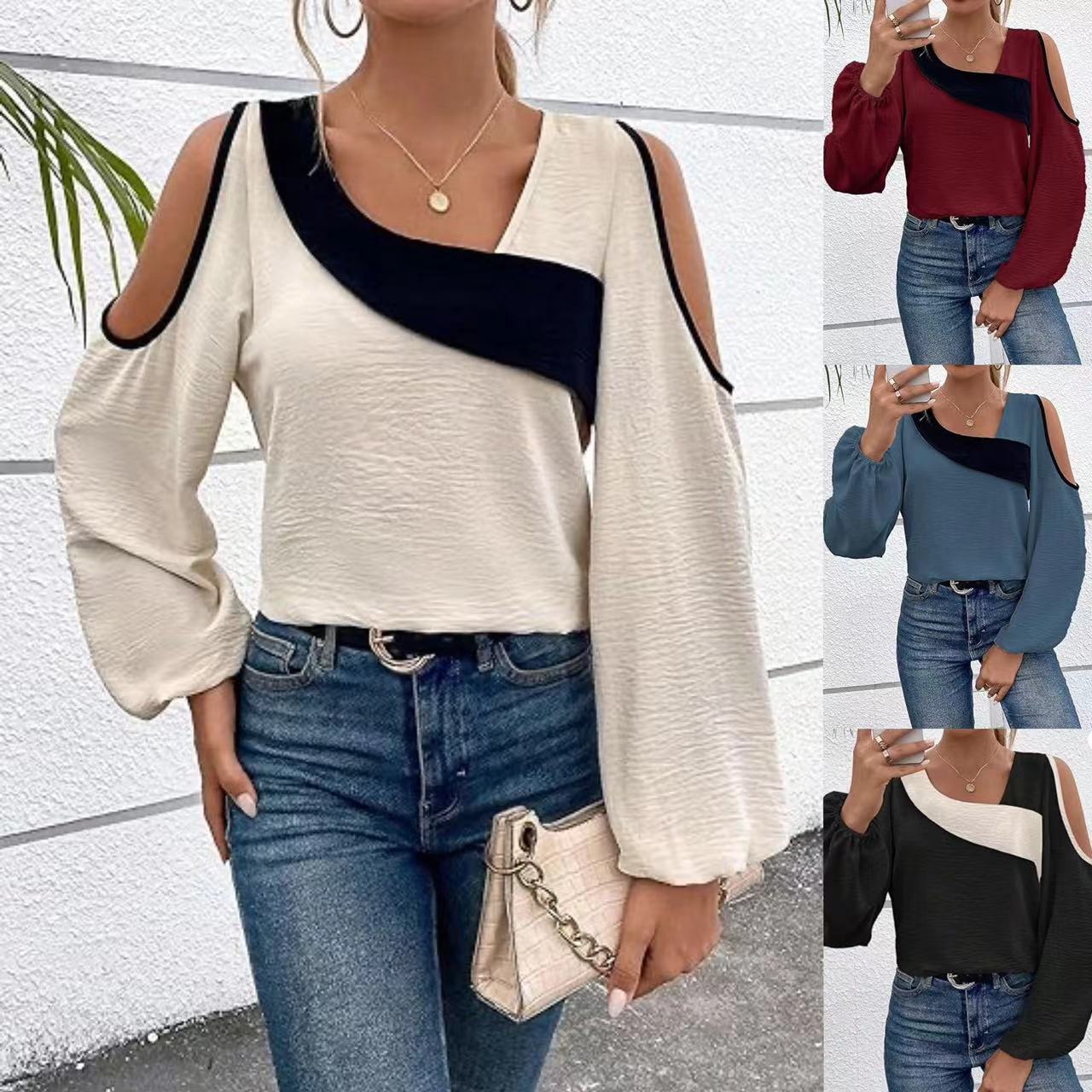 Off-the-shoulder Stitching Pullover Diagonal Collar Long Sleeve Loose Shirt nyaabs.com