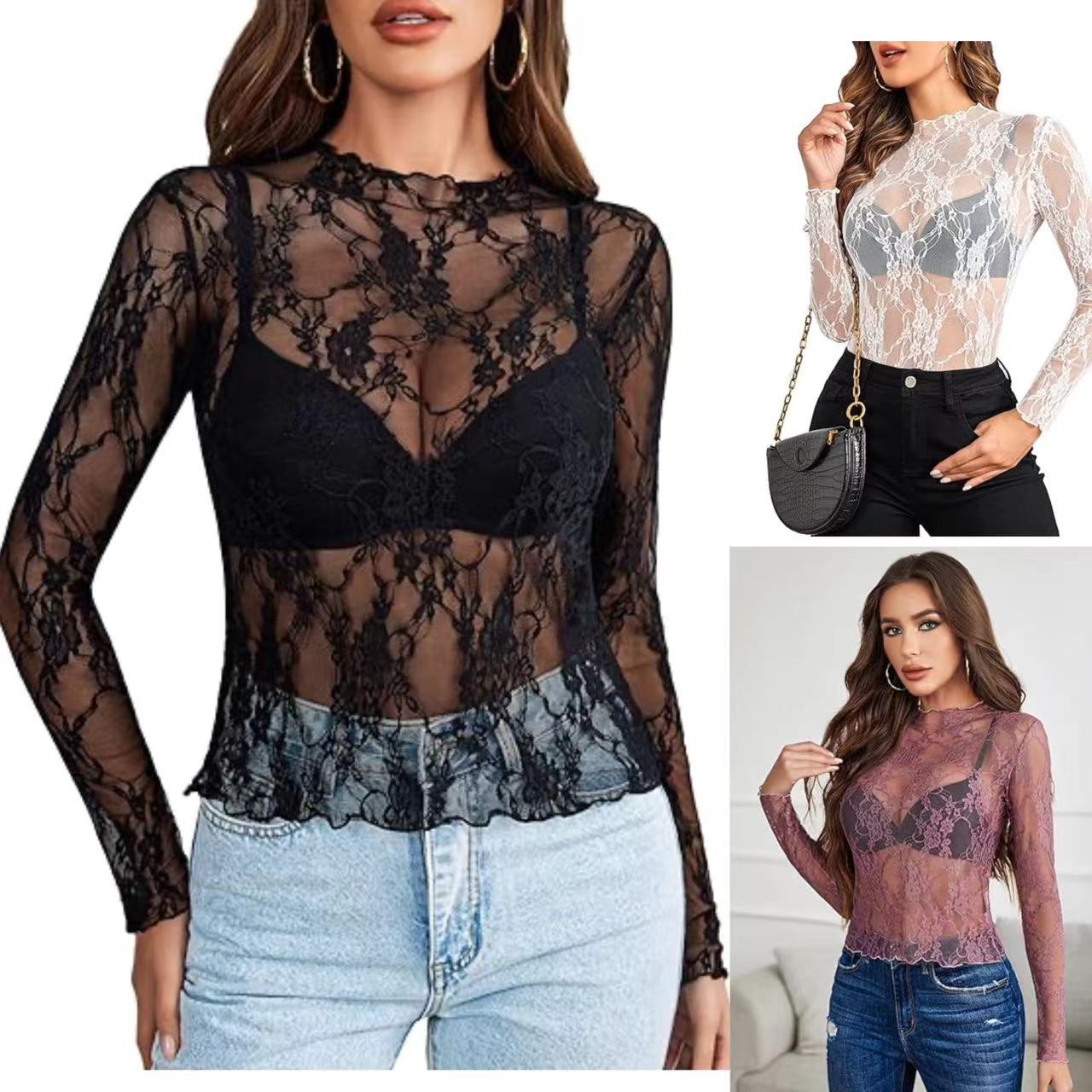 Women's Lace Blouse Long Sleeve Transparent Shirt - Nyaabs