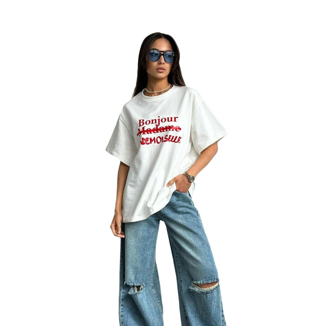 Women's Letter Print Contrast Color Loose T-shirt Pullover nyaabs.com