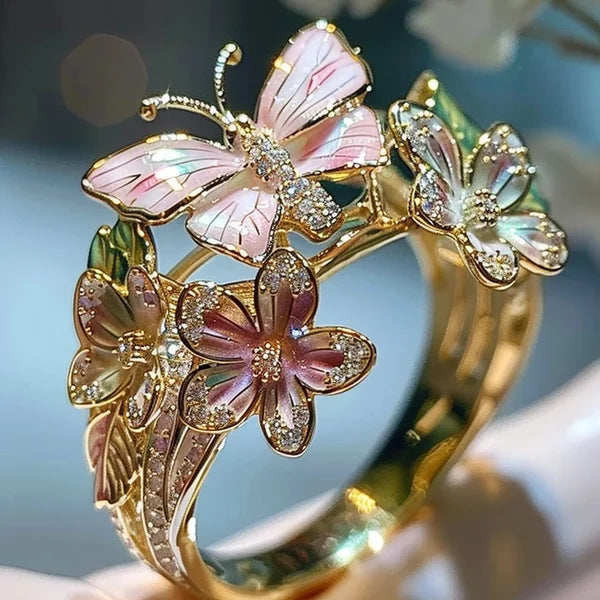 Adjustable Elegant Transparent Crystal 3D Shining Diamond Drop Oil Butterfly Flower Ring For Women Aesthetic Gold Plated Cute Animal Insect Fashion Jewelry - Nyaabs