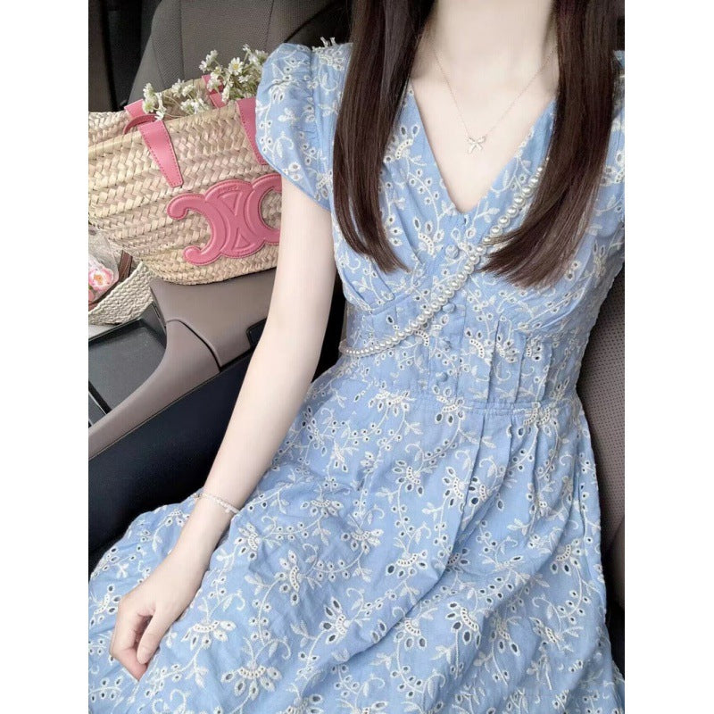 High-grade Machine Embroidery Blue Platycodon Grandiflorum French Dress nyaabs.com