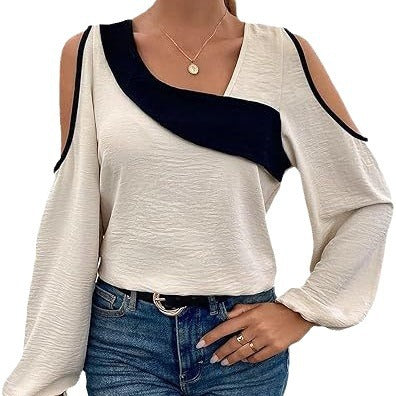 Off-the-shoulder Stitching Pullover Diagonal Collar Long Sleeve Loose Shirt nyaabs.com